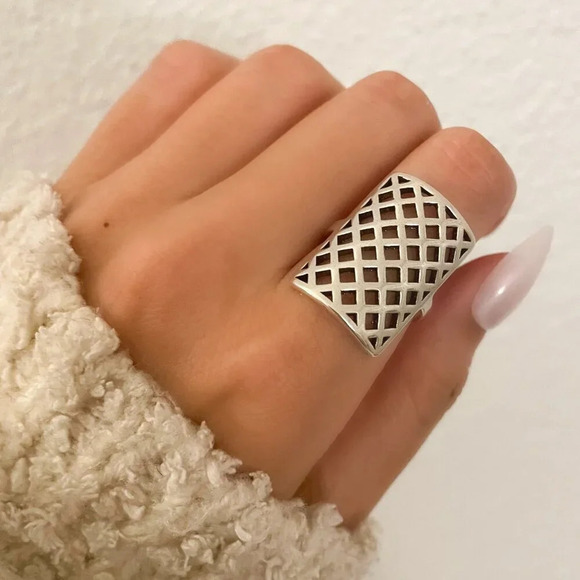 925 Sterling Silver Large Rectangle Ring Chunky Thick Bold Wide Statement Ring - Picture 3 of 11